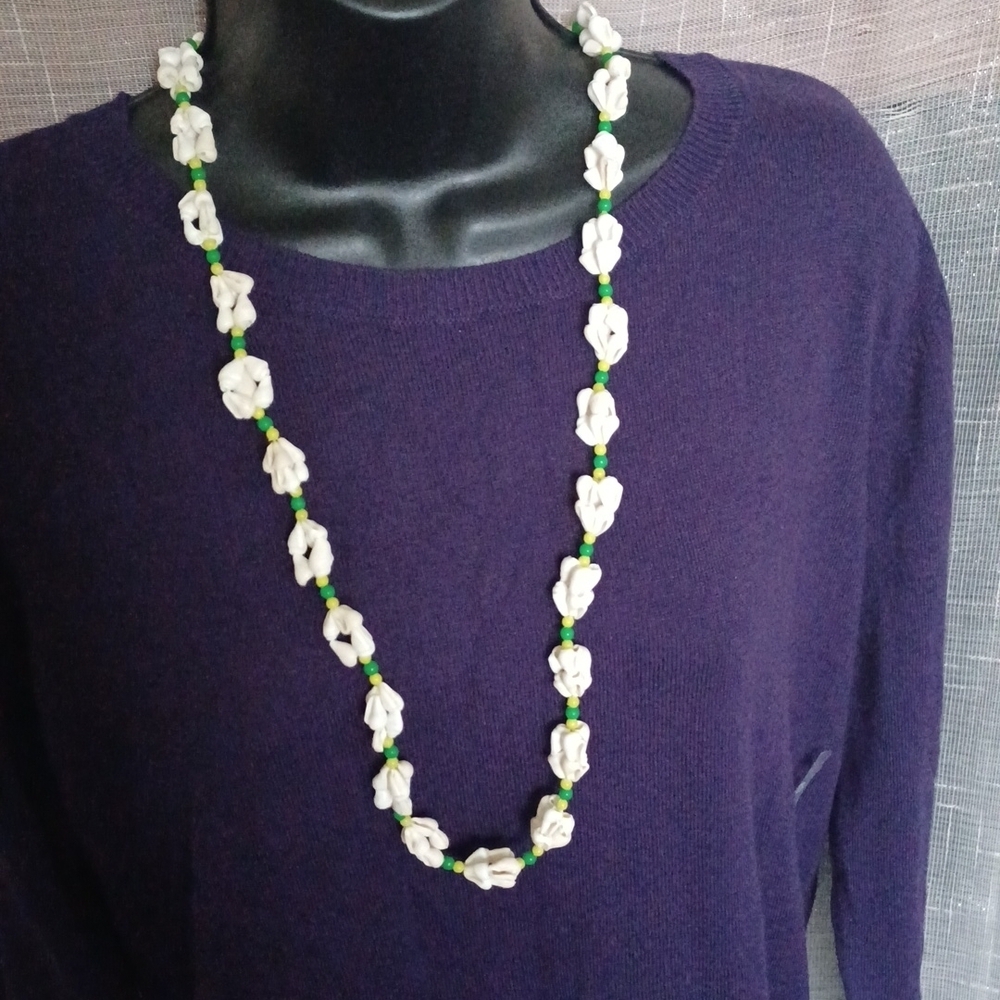 Vintage handmade shell necklace with beads, 18" hanging length
